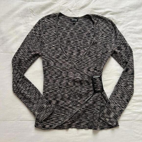 Grey space dyed knit striped long sleeve cross front top with buckle at the side - Picture 1 of 7